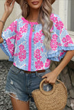 Rose Floral Print Ruffled Color Block Trim Half Sleeve Blouse