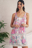 Pink and Lavender Bohemian Floral Tassel Tie V-Neck Mini Dress with Pockets