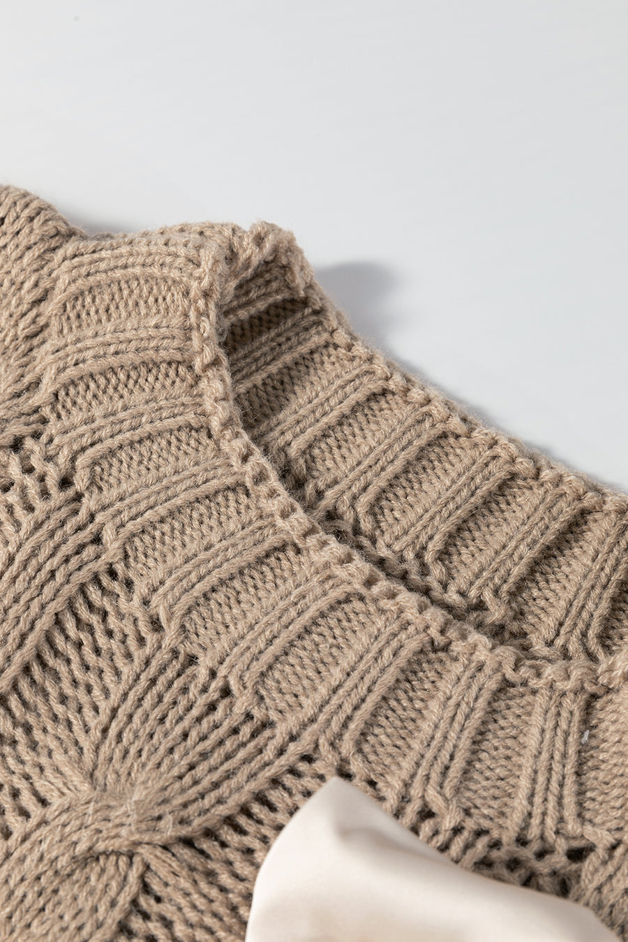 Taupe Satin Ribbon Lace-Up Short Sleeve Cable Knit Sweater