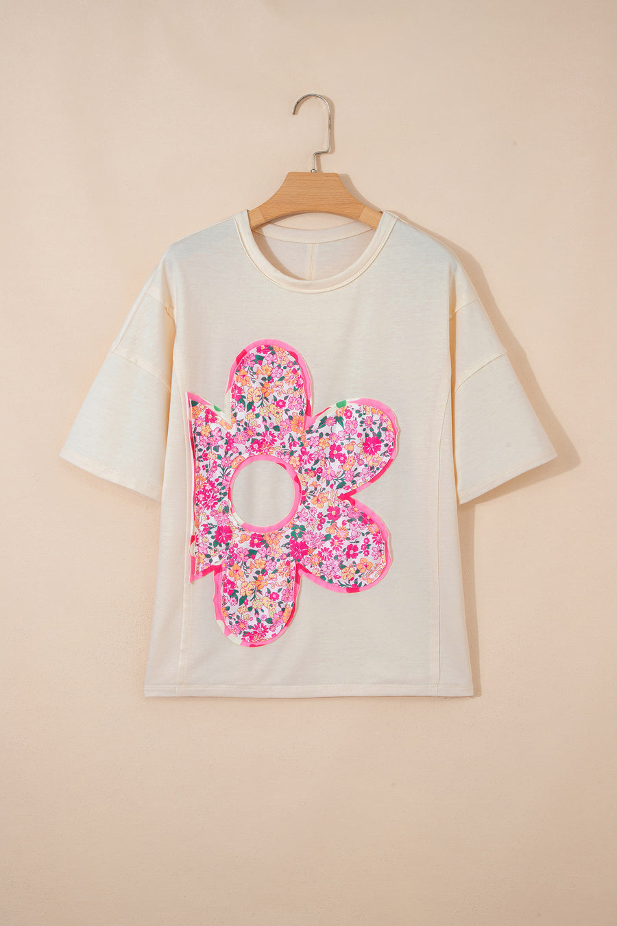 Pink Floral Patched Exposed Seam Oversized T-Shirt- 2 Colors