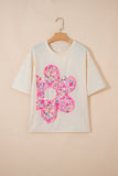 Pink Floral Patched Exposed Seam Oversized T-Shirt- 2 Colors