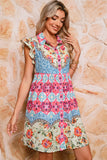 Multicolored Bohemian Floral Collared Ruffle Sleeve Button-Up Mini Dress