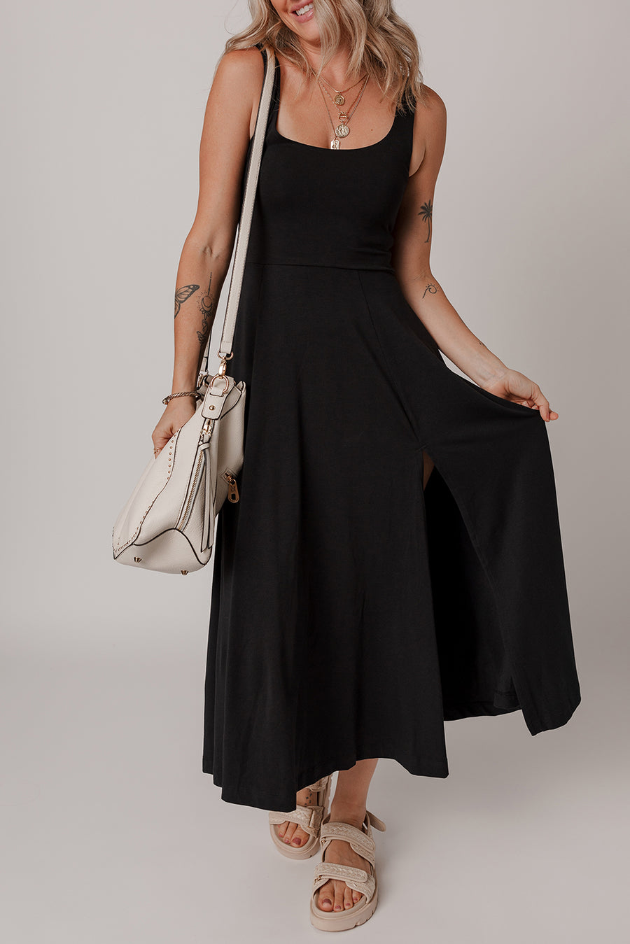 Black Sleeveless Scoop Neck Flared Front Slit Midi Dress