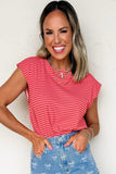 Striped Ribbed Cap Sleeve Crew Neck T-Shirt- 2 Colors