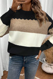 Color Block Crew Neck Drop Shoulder Scallop Detail Sweater- 3 Colors