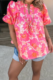 Short Bubble Sleeve Summer Floral Blouse A
