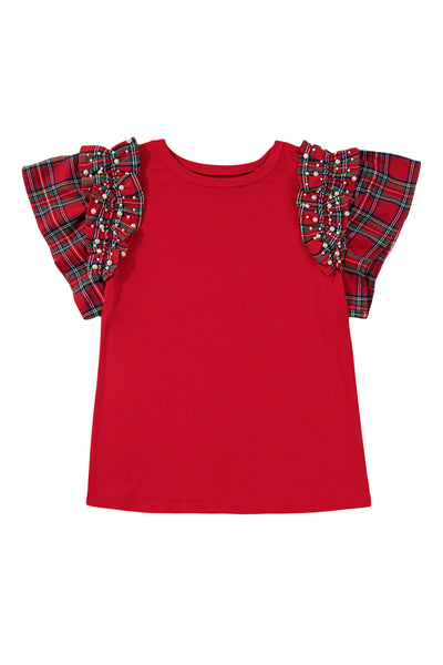 Plus Size Racing Red Plaid Pearl Ruffled Sleeve Knit Holiday Top