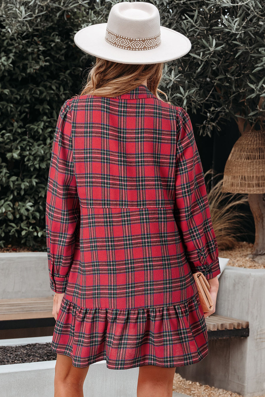 Red Plaid Shirt Collared Quarter Button-Up Ruffled Hem Long Sleeve Mini Dress