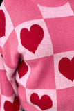 Pink Heart & Checkered Pattern Drop Shoulder Crew Neck Knit Sweater