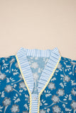 Blue Floral Striped Frill Neck Button-Up Short Sleeve Mini Dress
