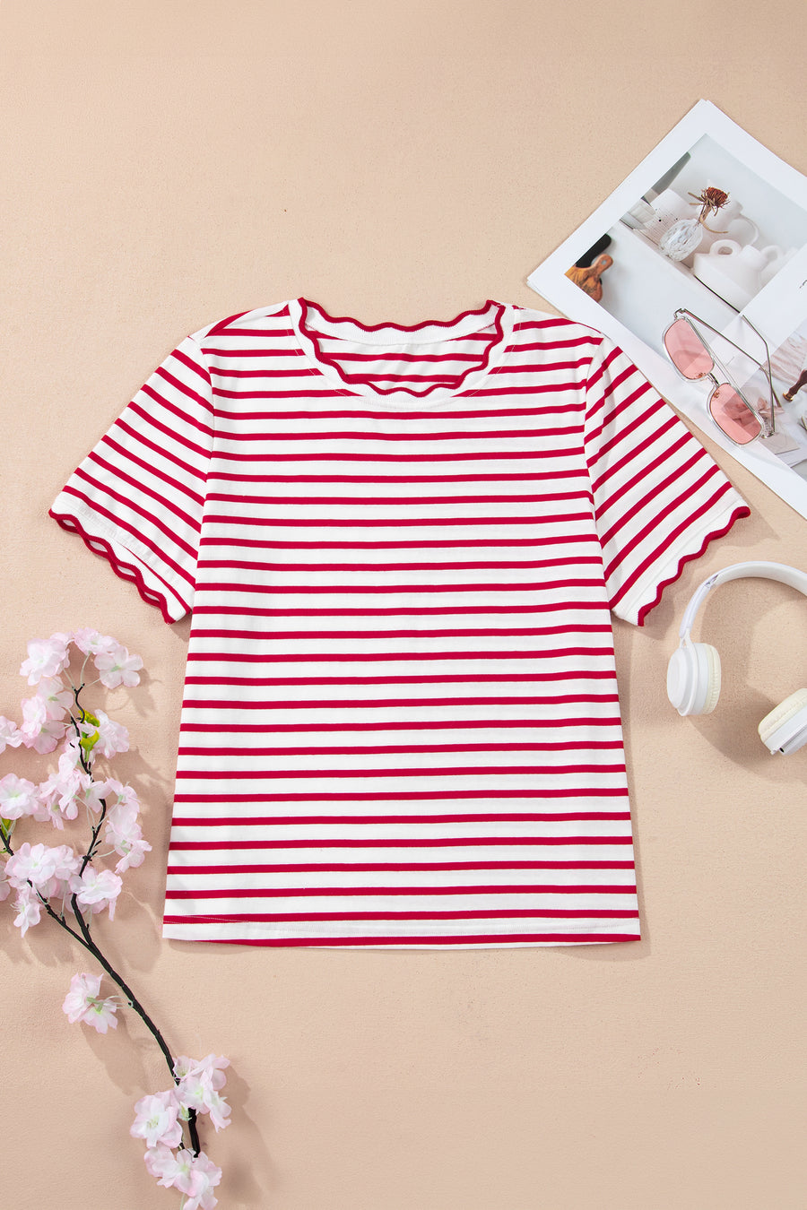 Striped Scalloped Trim Crew Neck Short Sleeve T-Shirt- 5 Colors
