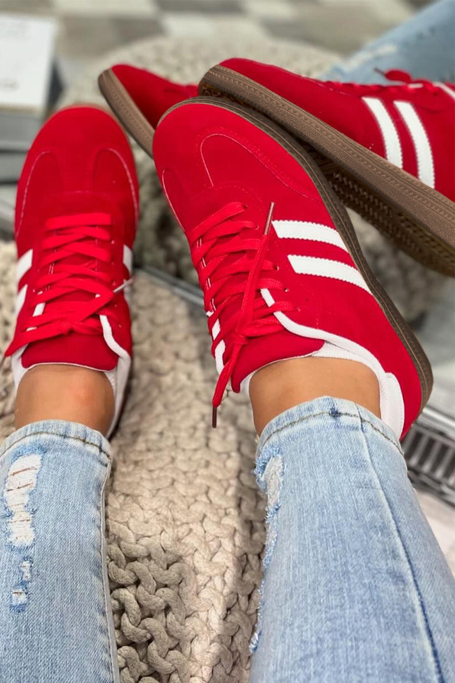 Fiery Red Vintage Striped Suede Patchwork Lace-Up Sneakers