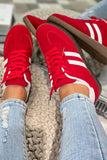 Fiery Red Vintage Striped Suede Patchwork Lace-Up Sneakers