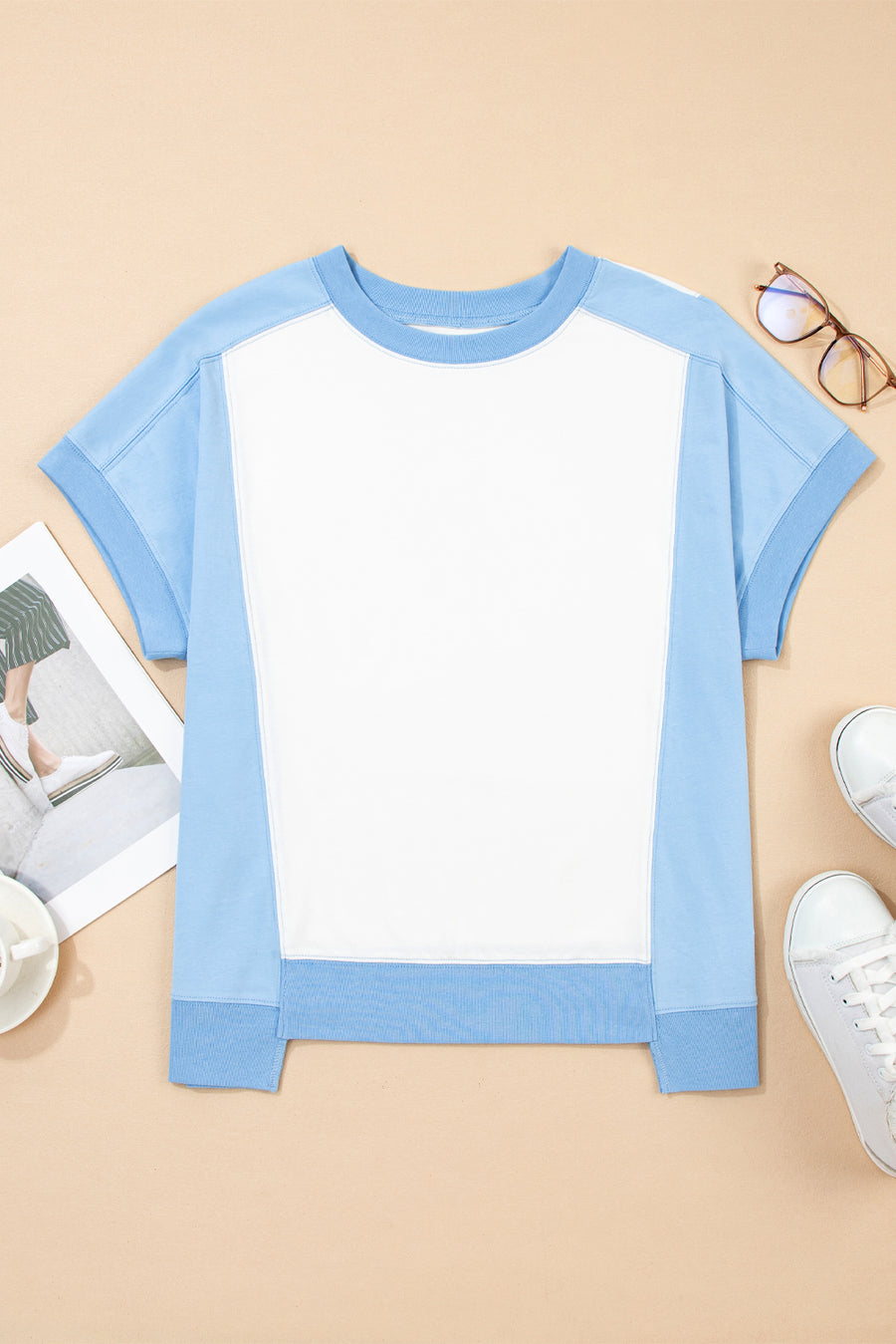 Color Block Exposed Seam Patchwork Crew Neck T-Shirt- 2 Colors