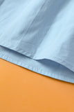 Sky Blue Color Block Ruffled Sleeve Frill V-Neck Short Sleeve Blouse