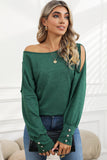 Green Boat Neck Cutout Long Sleeve Blouse with Button Detail Cuffs