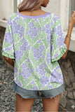 Rose Floral Print Ruffled Color Block Trim Half Sleeve Blouse
