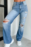 Medium Blue Mid-Rise Distressed Straight Leg Jeans