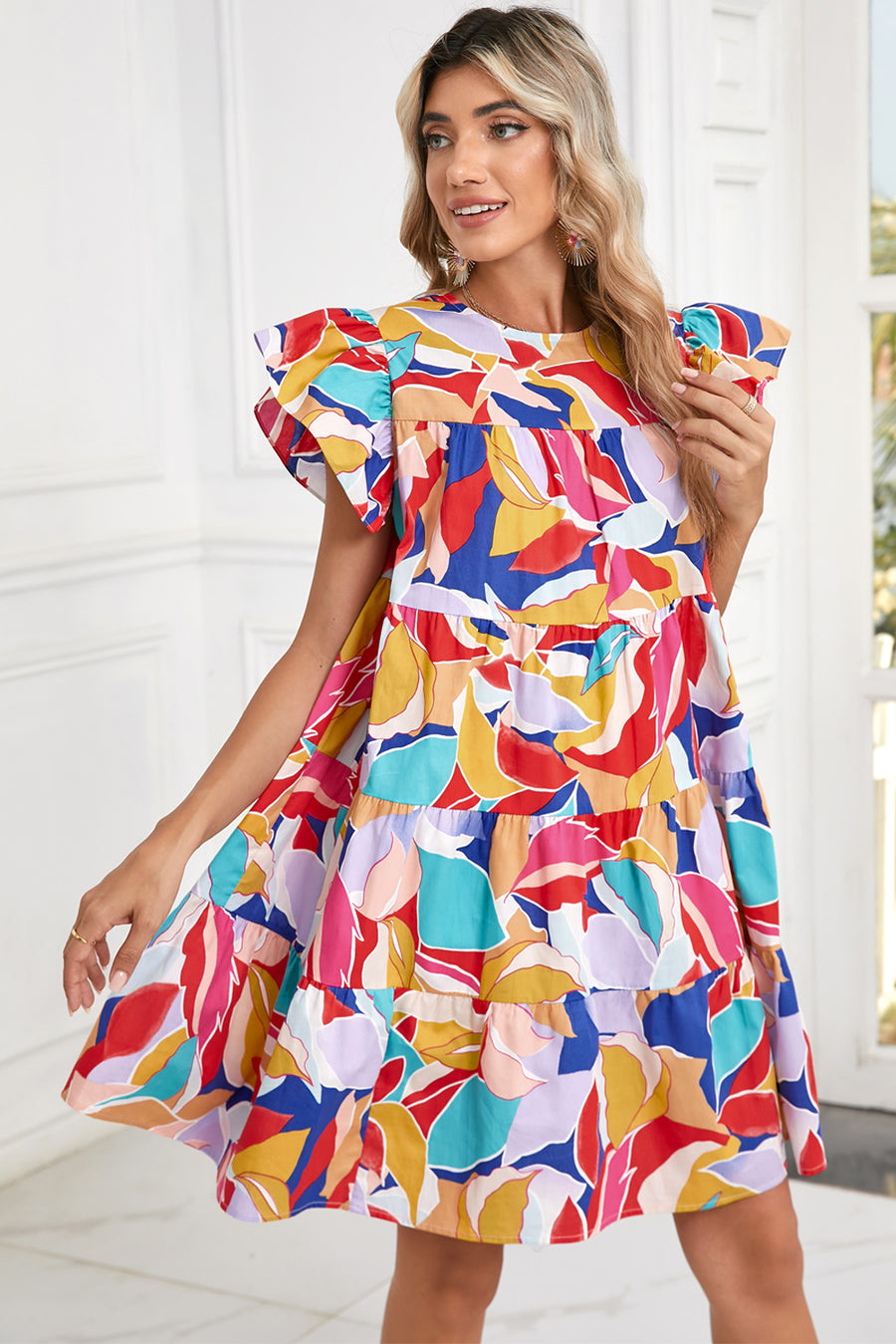 Abstract Print Flutter Sleeve Tiered Mini Dress