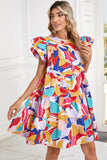 Abstract Print Flutter Sleeve Tiered Mini Dress