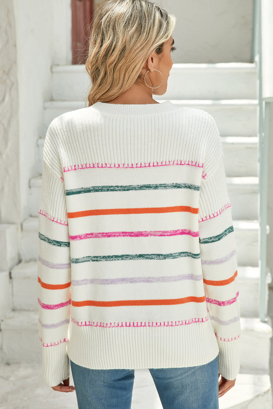 Multicolored Striped Ribbed Trim Crew Neck Sweater- 2 Colors