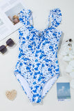 Blue Multi Floral Ruffled Strap Lace-Up Keyhole One-Piece Swimsuit B