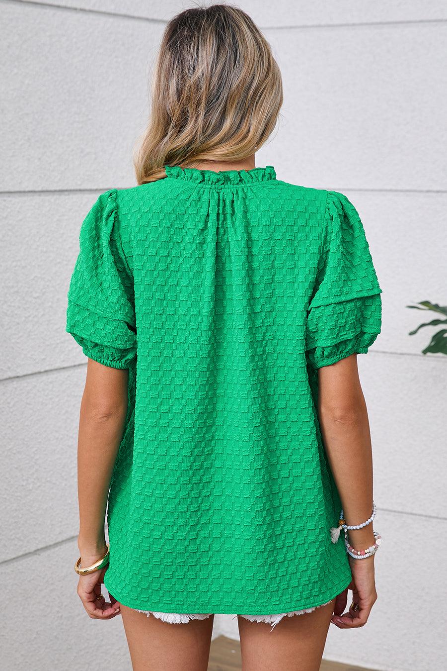 Bright Green Textured Puff Sleeve Frilled & Notched V-Neck Blouse