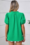 Bright Green Textured Puff Sleeve Frilled & Notched V-Neck Blouse