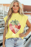 Yellow Faux Patchwork Strawberry Printed Mock Neck T-Shirt