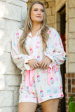 Plus Size White Wine & Heart Print Bow Decor Pajama Set