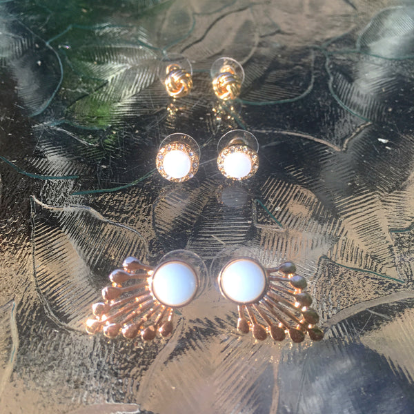 Gold Tone Earring Trio- Light Blue & Ivory