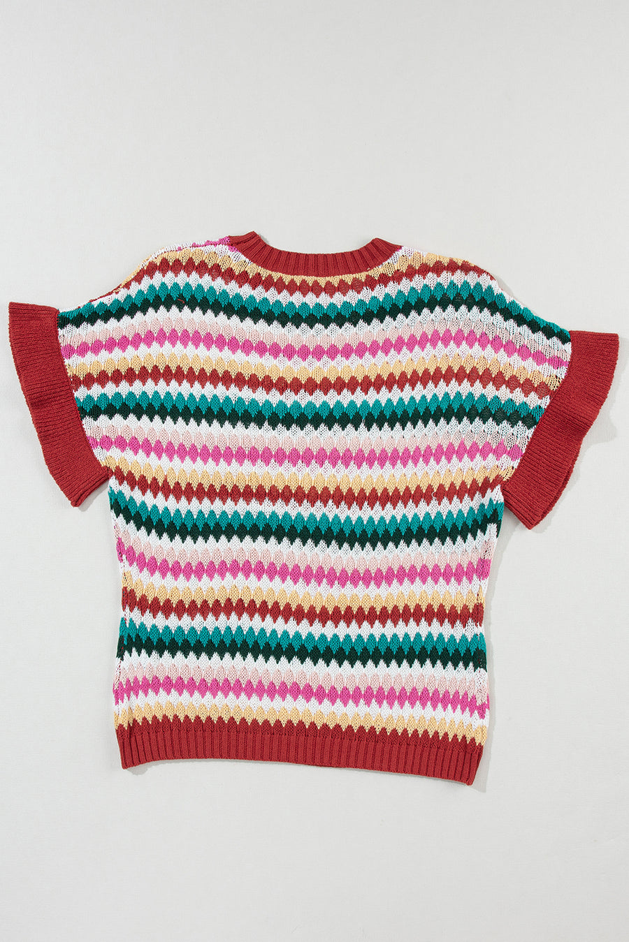 Red Multi Striped Diamond Pattern Short Sleeve Knit Sweater
