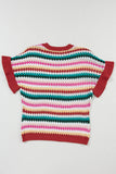 Red Multi Striped Diamond Pattern Short Sleeve Knit Sweater