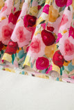 Pink Floral Frilled V-Neck Puff Short Sleeve Blouse