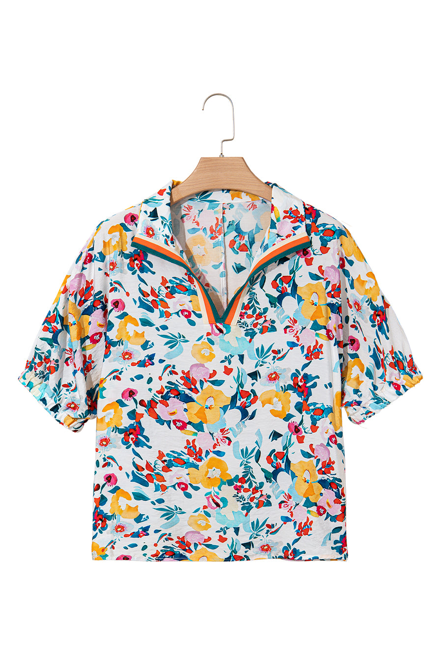 Floral V-Neck Contrast Trim Short Sleeve Blouse- 2 Colors
