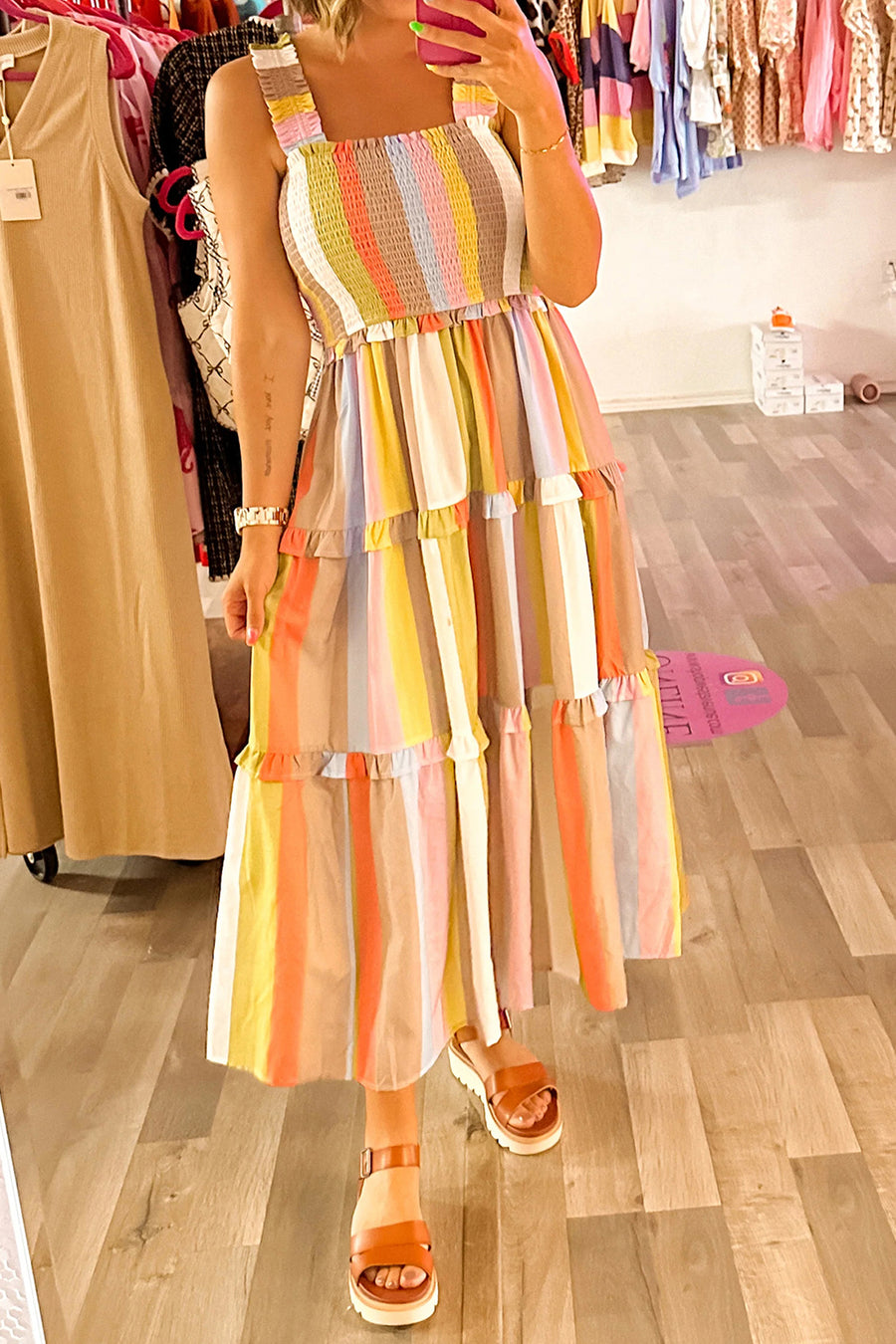 *Pre-Order* Multicolored Striped Shirred Frilly Tiered Maxi Dress