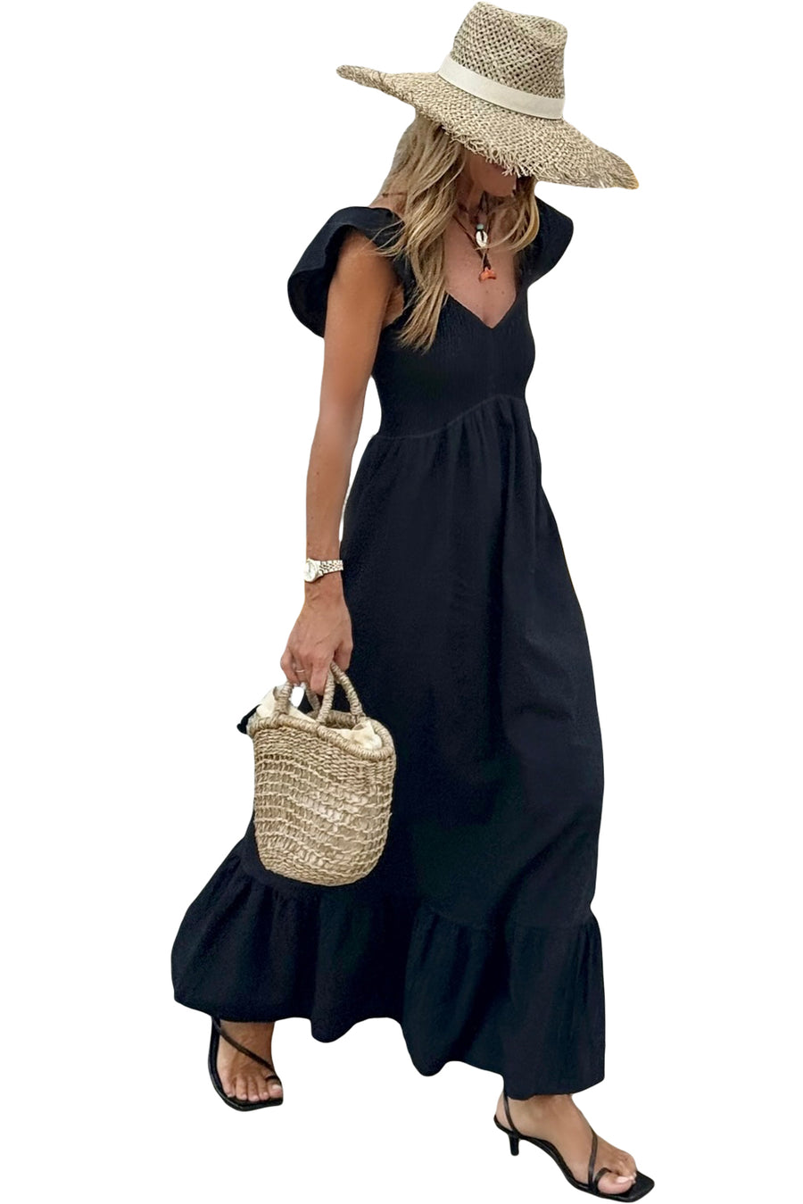 V-Neck Flutter Sleeve Smocked Bodice High Waist Ruffle Maxi Dress with Pockets- 2 Colors
