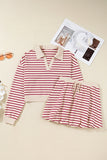 Red Stripe Cropped Collared Sweatshirt and Bubble Mini Skirt Set