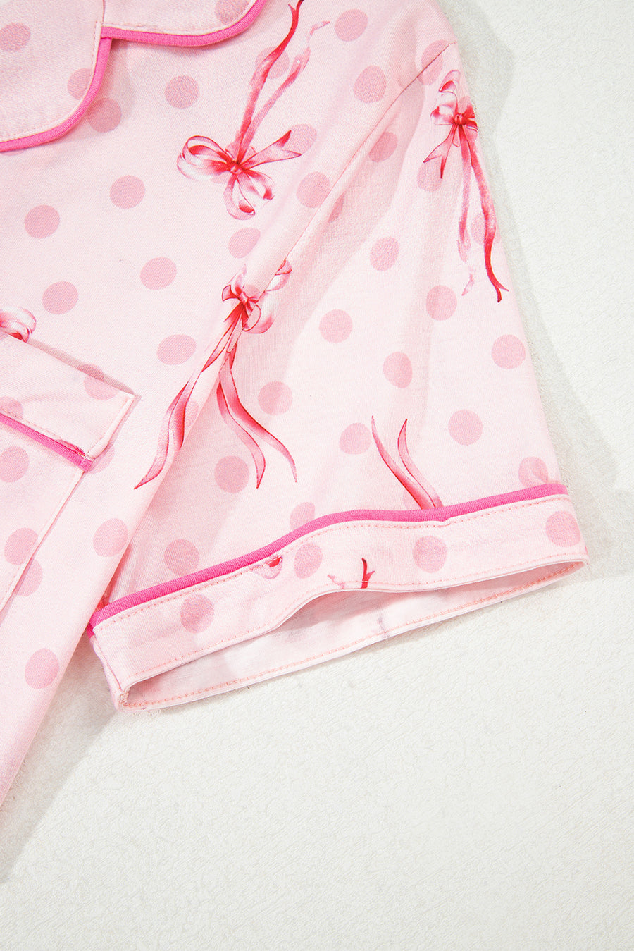 Bow Print Button-Up V-Neck Short Sleeve Top and Ruffle Hem Shorts Pajama Set- 2 Styles