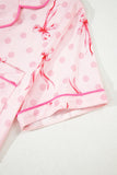 Bow Print Button-Up V-Neck Short Sleeve Top and Ruffle Hem Shorts Pajama Set- 2 Styles