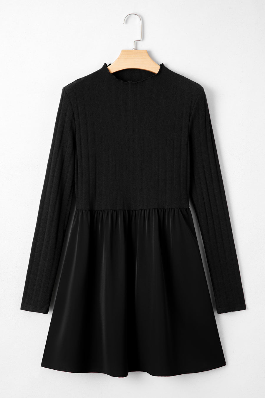 Black Frilled Neck Ribbed Knit Patchwork Long Sleeve Mini Dress