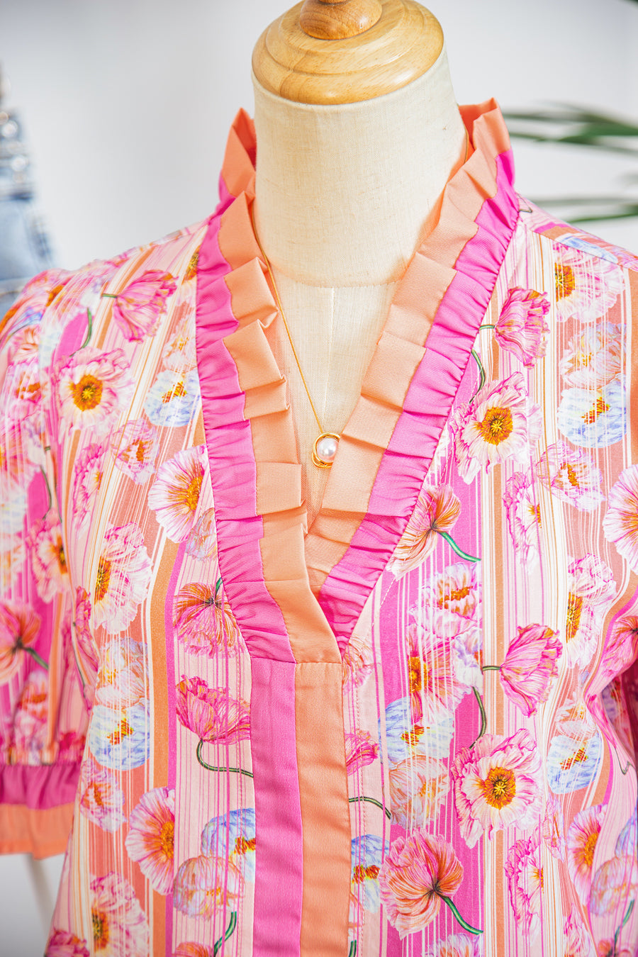 Pink Poppy Floral Striped Color Block Trim V-Neck Ruffled Short Sleeve Blouse