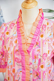 Pink Poppy Floral Striped Color Block Trim V-Neck Ruffled Short Sleeve Blouse