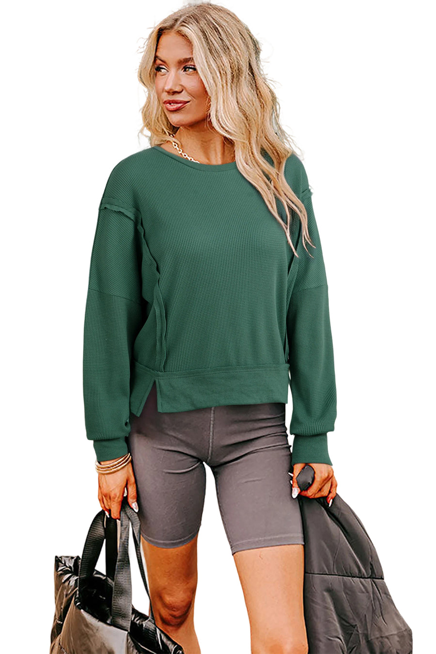 Thermal Knit Drop Shoulder Split Hem Sweatshirt- 2 Colors