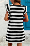Black and White Striped Flutter Sleeve Crew Neck Shift Mini Dress with Pockets