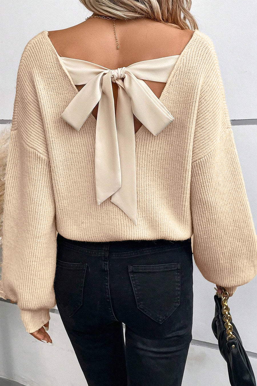 Lantern Sleeve V-Neck Bow Back Sweater- 4 Colors