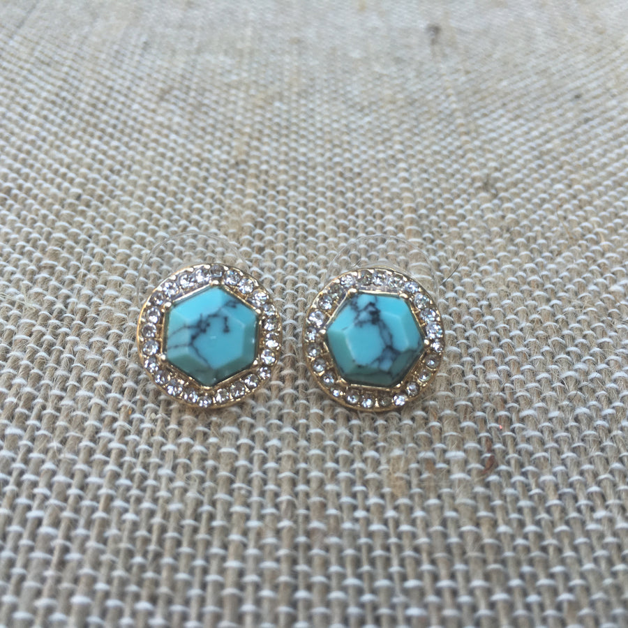 Gold Tone Stone Halo Post Earrings- Turquoise