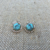 Gold Tone Stone Halo Post Earrings- Turquoise