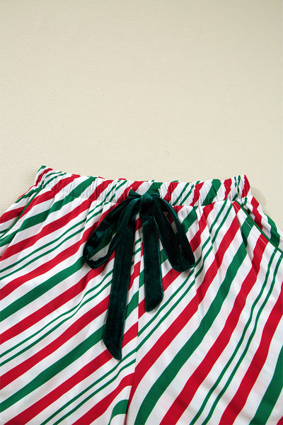 Green Striped Piping Trim Velvet Ribbon Knot Christmas Pajama Set