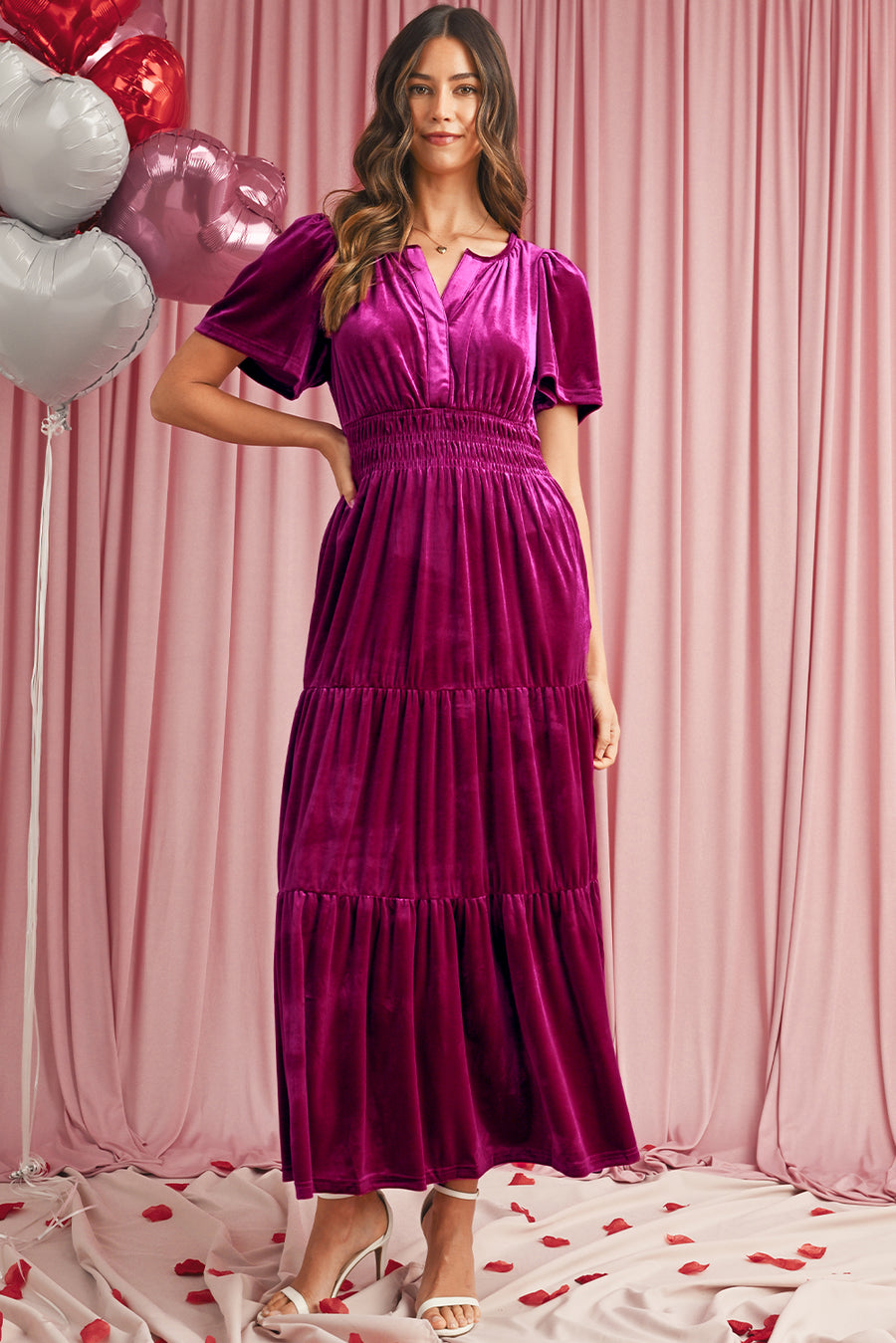 Velvet Puff Short Sleeve Smocked Waist Tiered Maxi Dress with Pockets- 3 Colors
